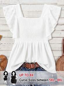 SHEIN CURVE+ 大尺碼女款方領短袖修身休閒浪漫束腰襯衫 度假全白夏季款 - 白色 - 查看 1