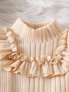 SHEIN 女嬰秋季服裝套裝，可愛端莊米色家庭配色高領彈性荷葉邊長袖上衣與格紋裙，返校季 6M-3Y - 卡其色 - 查看 7