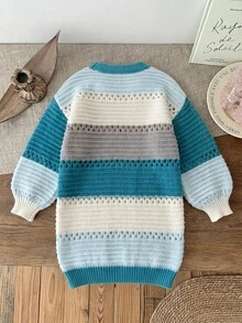 SHEIN Kids Young Girl Autumn/Winter Casual Colorblock Blue Cardigan Back-To-School - Mint Blue - View 4