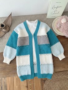 SHEIN Kids Young Girl Autumn/Winter Casual Colorblock Blue Cardigan Back-To-School - Mint Blue - View 5