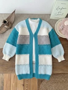SHEIN Kids Young Girl Autumn/Winter Casual Colorblock Blue Cardigan Back-To-School - Mint Blue - View 2