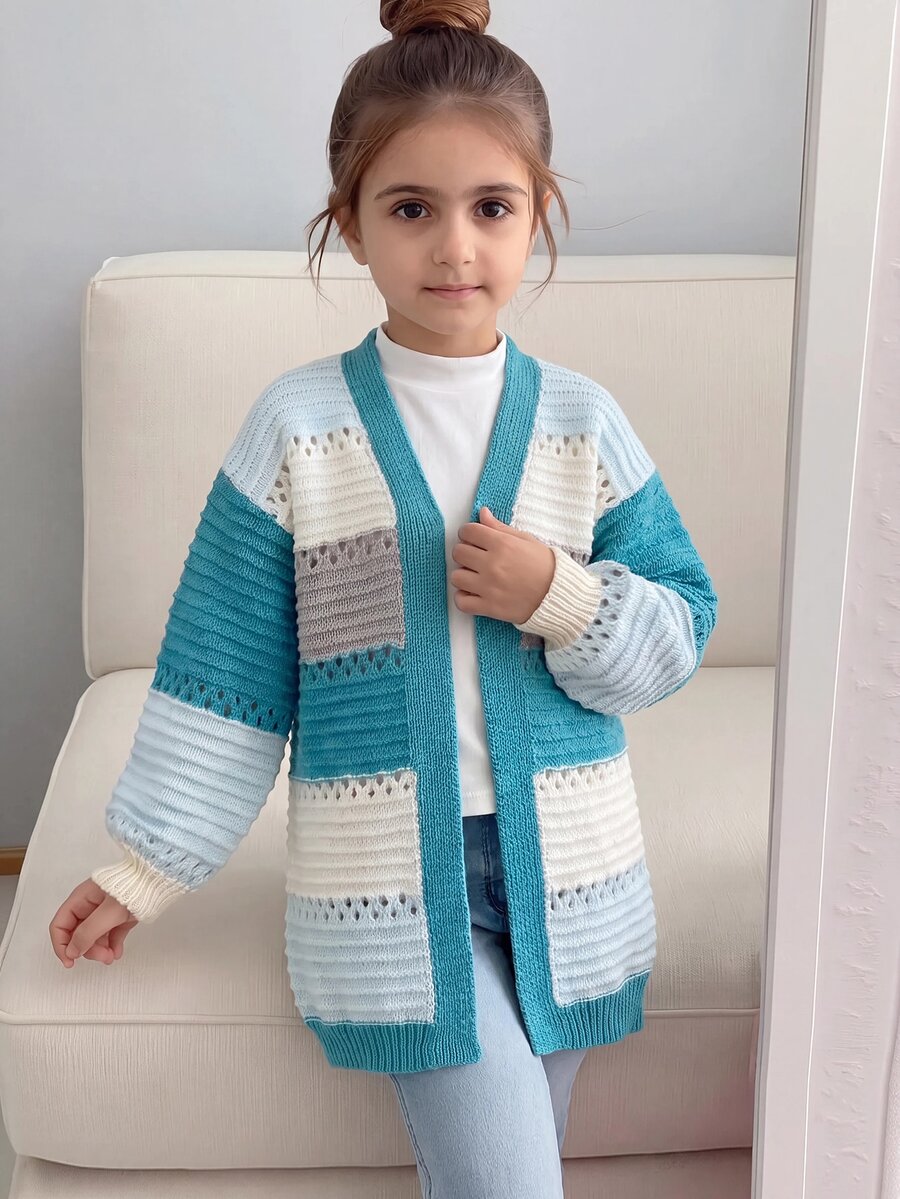 SHEIN Kids Young Girl Autumn/Winter Casual Colorblock Blue Cardigan Back-To-School - Mint Blue - View 1