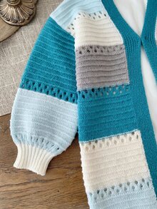 SHEIN Kids Young Girl Autumn/Winter Casual Colorblock Blue Cardigan Back-To-School - Mint Blue - View 3