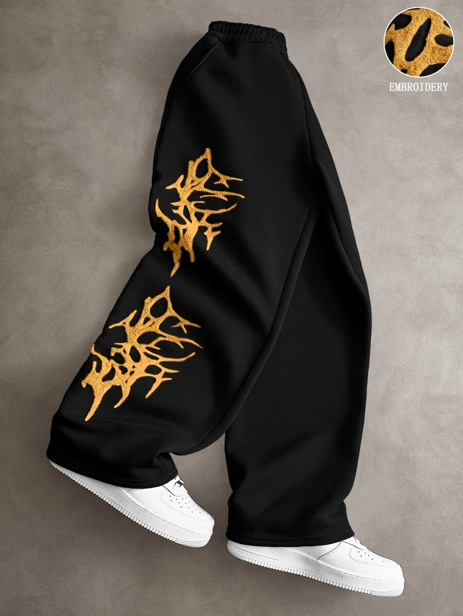 PAVTROS 男士街頭風熱銷深色街頭刺繡 3D 刺繡休閒穿搭 百搭男友丈夫禮物 週年禮物 粉色運動長褲 - 黑色 - 查看 1