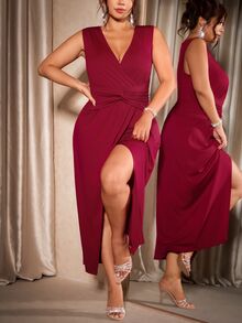Cravure Elegant Plus Size Burgundy V-Neck Cinched Waist Slit Dress, Suitable For Daily And Holiday Wear - Burgundy - View 4