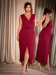 Cravure Elegant Plus Size Burgundy V-Neck Cinched Waist Slit Dress, Suitable For Daily And Holiday Wear - Burgundy - View 3