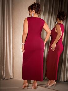Cravure Elegant Plus Size Burgundy V-Neck Cinched Waist Slit Dress, Suitable For Daily And Holiday Wear - Burgundy - View 2