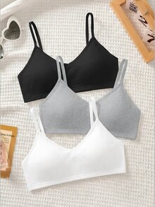 SHEIN Tween女孩 3件組 簡約基礎款 V領加墊透氣內衣套裝 白色 - 彩色 - 查看 2
