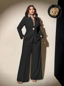 Viva Relle Plus Size Elegant Straight-Leg Pants Suit, Fashion Design, Suitable For Spring & Autumn - Black - View 1