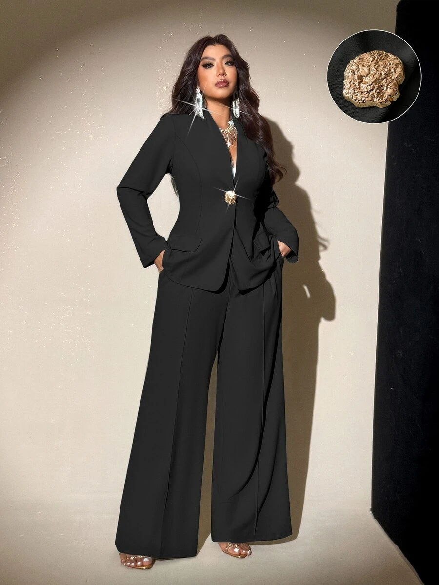 Viva Relle Plus Size Elegant Straight-Leg Pants Suit, Fashion Design, Suitable For Spring & Autumn - Black - View 1