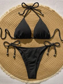 SHEIN Swim 女款夏季海灘度假泳池派對度假純色掛脖綁帶比基尼兩件式泳衣套裝 黑色 - 黑色 - 查看 3