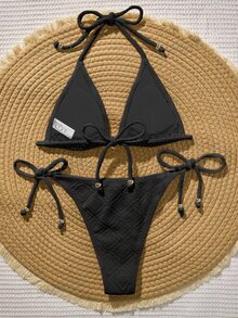 SHEIN Swim 女款夏季海灘度假泳池派對度假純色掛脖綁帶比基尼兩件式泳衣套裝 黑色 - 黑色 - 查看 2