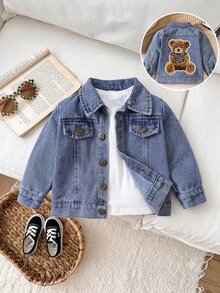 Baby Boy Bear Patched Flap Detail Denim Jacket Autumn Fall - Blue - View 2