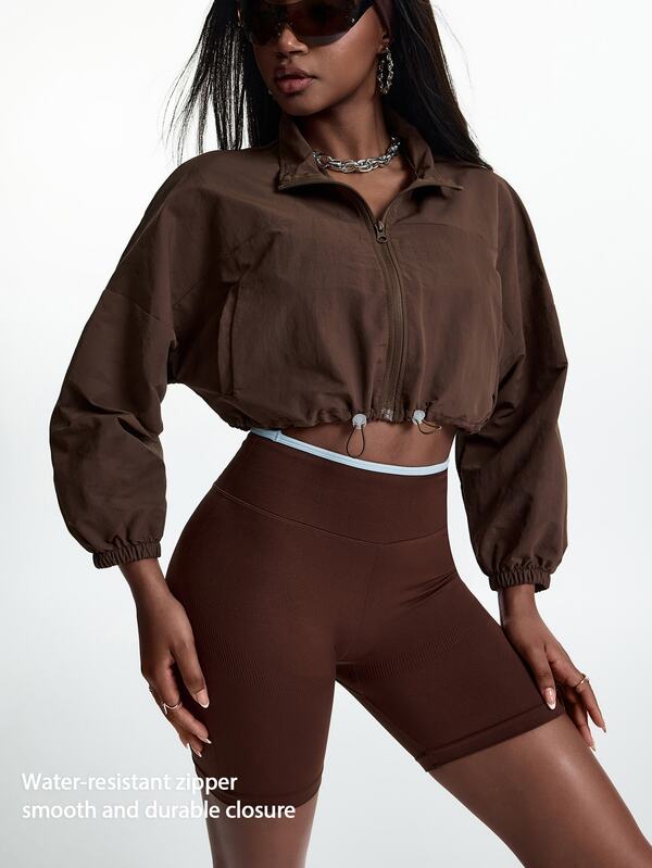 Innovista Innovista Women's Solid Color Shirt Collar Zipper Placket Waist Drawstring Design Cropped Sports Jacket جاكيت خفيف يوفر تغطية للبشرة Outdoor Gym Running Daily