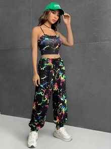 SHEIN EZwear reflectante con estampado de tinte de salpicadura Top de tirantes & Pantalones de pierna ancha - Multicolor - Ver 3