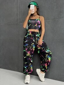 SHEIN EZwear reflectante con estampado de tinte de salpicadura Top de tirantes & Pantalones de pierna ancha - Multicolor - Ver 5