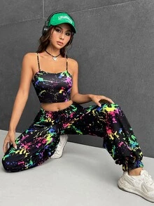 SHEIN EZwear reflectante con estampado de tinte de salpicadura Top de tirantes & Pantalones de pierna ancha - Multicolor - Ver 4