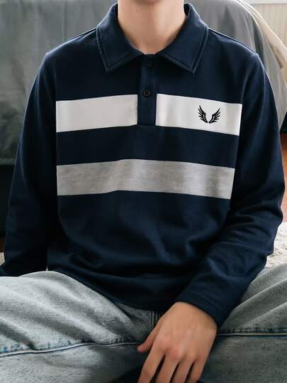 SHEIN Boys' Spring/Autumn Fashion Casual Long Sleeve Polo Shirt, Navy Blue/White/Grey Color Block Collar Top, Student Casual Base Layer, Suitable For Daily School Wear