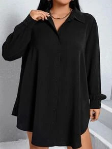 SHEIN Essnce Plus Solid Button Front Shirt Dress-Black Fall - Black - View 5