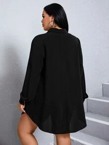 SHEIN Essnce Plus Solid Button Front Shirt Dress-Black Fall - Black - View 2