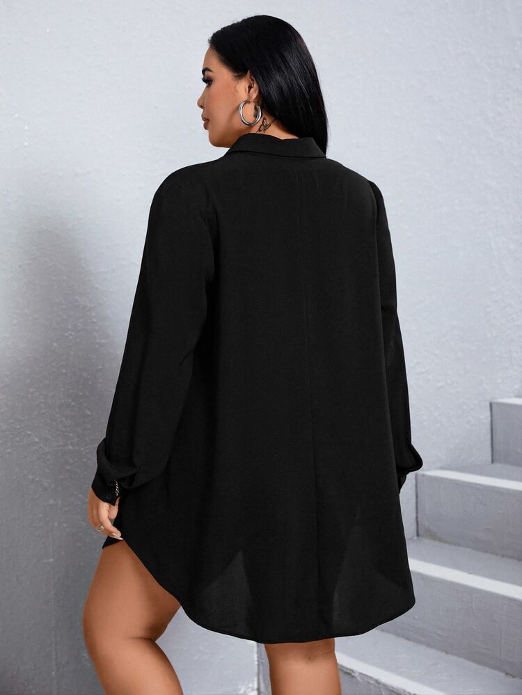 SHEIN Essnce Plus Solid Button Front Shirt Dress-Black Fall - Black - View 2