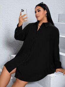 SHEIN Essnce Plus Solid Button Front Shirt Dress-Black Fall - Black - View 3