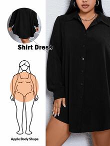SHEIN Essnce Plus Solid Button Front Shirt Dress-Black Fall - Black - View 6