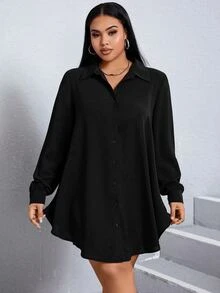SHEIN Essnce Plus Solid Button Front Shirt Dress-Black Fall - Black - View 4