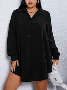 SHEIN Essnce Plus Solid Button Front Shirt Dress-Black Fall - Black - View 1