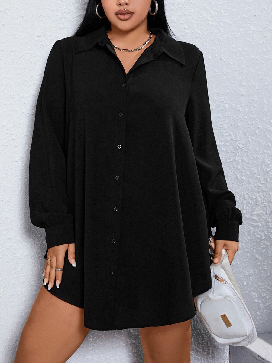 SHEIN Essnce Plus Solid Button Front Shirt Dress-Black Fall - Black - View 1