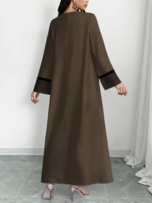 SHEIN Najma 女士复古豹纹拼接数码印花V领长袖优雅阿拉伯连衣裙，适合春秋季穿着 - 彩色 - 查看 2