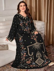 SHEIN Najma 花卉植物线条几何印花仿刺绣纹理黑色加大码女式长裙，春夏时尚V领长袖连衣裙，优雅阿拉伯风格服装 - 彩色 - 查看 4