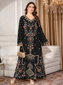 SHEIN Najma 花卉植物线条几何印花仿刺绣纹理黑色加大码女式长裙，春夏时尚V领长袖连衣裙，优雅阿拉伯风格服装 - 彩色 - 查看 3