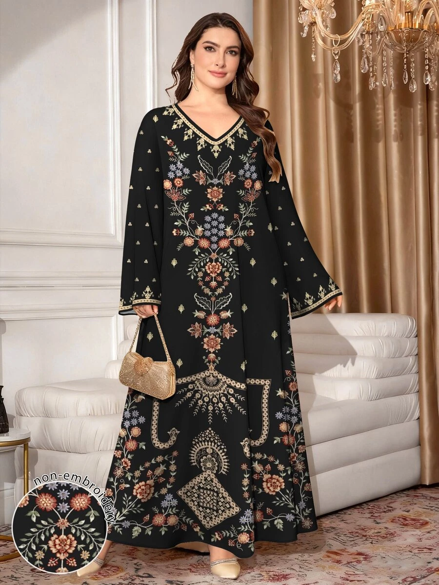 SHEIN Najma 花卉植物线条几何印花仿刺绣纹理黑色加大码女式长裙,春夏时尚V领长袖连衣裙,优雅阿拉伯风格服装 - 彩色 - 查看 1