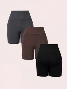 SHEIN BASICS 女款純色彈性腰休閒運動基礎款運動短褲 健身健身房運動 灰色巧克力棕黑色 夏季健身運動風 寬鬆皮拉提斯 - 彩色 - 查看 2