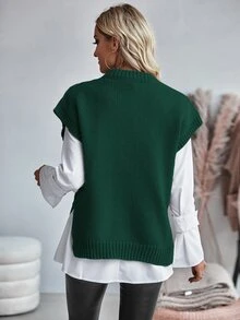 Balvessa Women's Cable Knit Round Neck Casual Loose Versatile Knitted Vest - Green - View 2