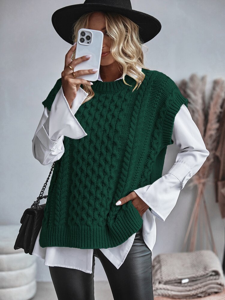 Balvessa Chaleco de punto de mujer con cuello redondo, tejido de cable, casual, holgado y versátil - Verde - Añade 1