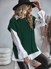 Balvessa Women's Cable Knit Round Neck Casual Loose Versatile Knitted Vest - Green - View 3