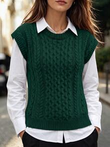 Balvessa Women's Cable Knit Round Neck Casual Loose Versatile Knitted Vest - Green - View 6