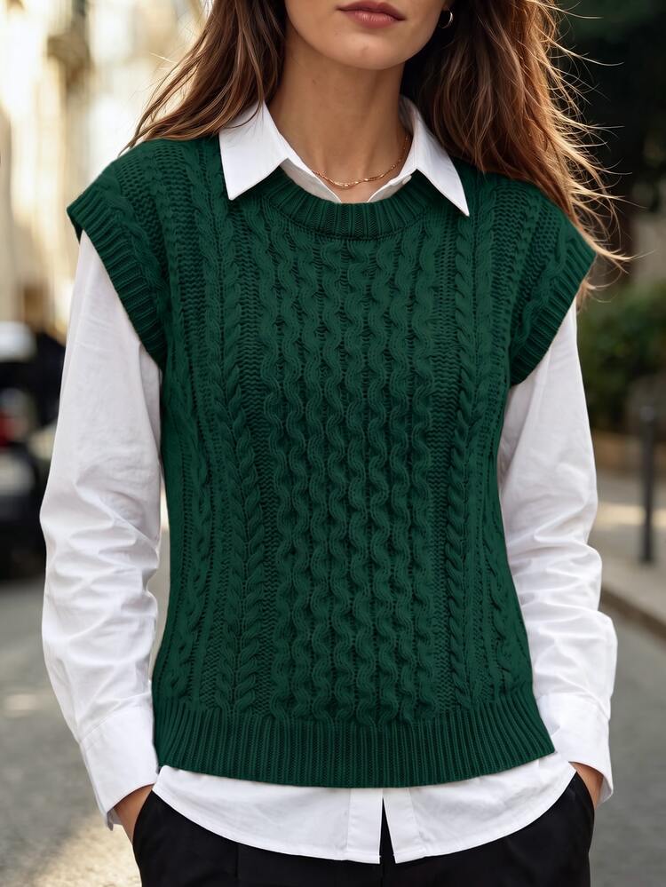 Balvessa Chaleco de punto de mujer con cuello redondo, tejido de cable, casual, holgado y versátil - Verde - Añade 6