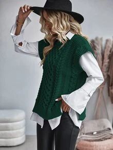 Balvessa Women's Cable Knit Round Neck Casual Loose Versatile Knitted Vest - Green - View 4