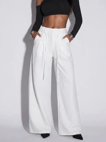 Normani 夏季/秋季 節慶派對 日常早午餐 工作 舞會 畢業 休閒 度假鄉村風 Y2K 女款百搭純色寬腿長褲 白色 - 白色 - 查看 6