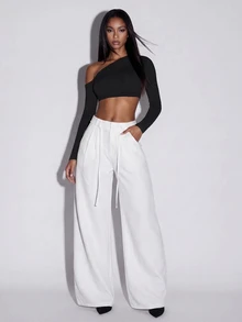 Normani 夏季/秋季 節慶派對 日常早午餐 工作 舞會 畢業 休閒 度假鄉村風 Y2K 女款百搭純色寬腿長褲 白色 - 白色 - 查看 8