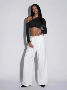 Normani 夏季/秋季 節慶派對 日常早午餐 工作 舞會 畢業 休閒 度假鄉村風 Y2K 女款百搭純色寬腿長褲 白色 - 白色 - 查看 7