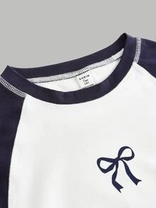SHEIN Teen Girls' Casual Contrast Color Block Bow Print Knitwear Crew Neck Top With Gathered Waist, Spring/Summer - Blue and White - View 3