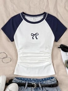 SHEIN Teen Girls' Casual Contrast Color Block Bow Print Knitwear Crew Neck Top With Gathered Waist, Spring/Summer - Blue and White - View 1