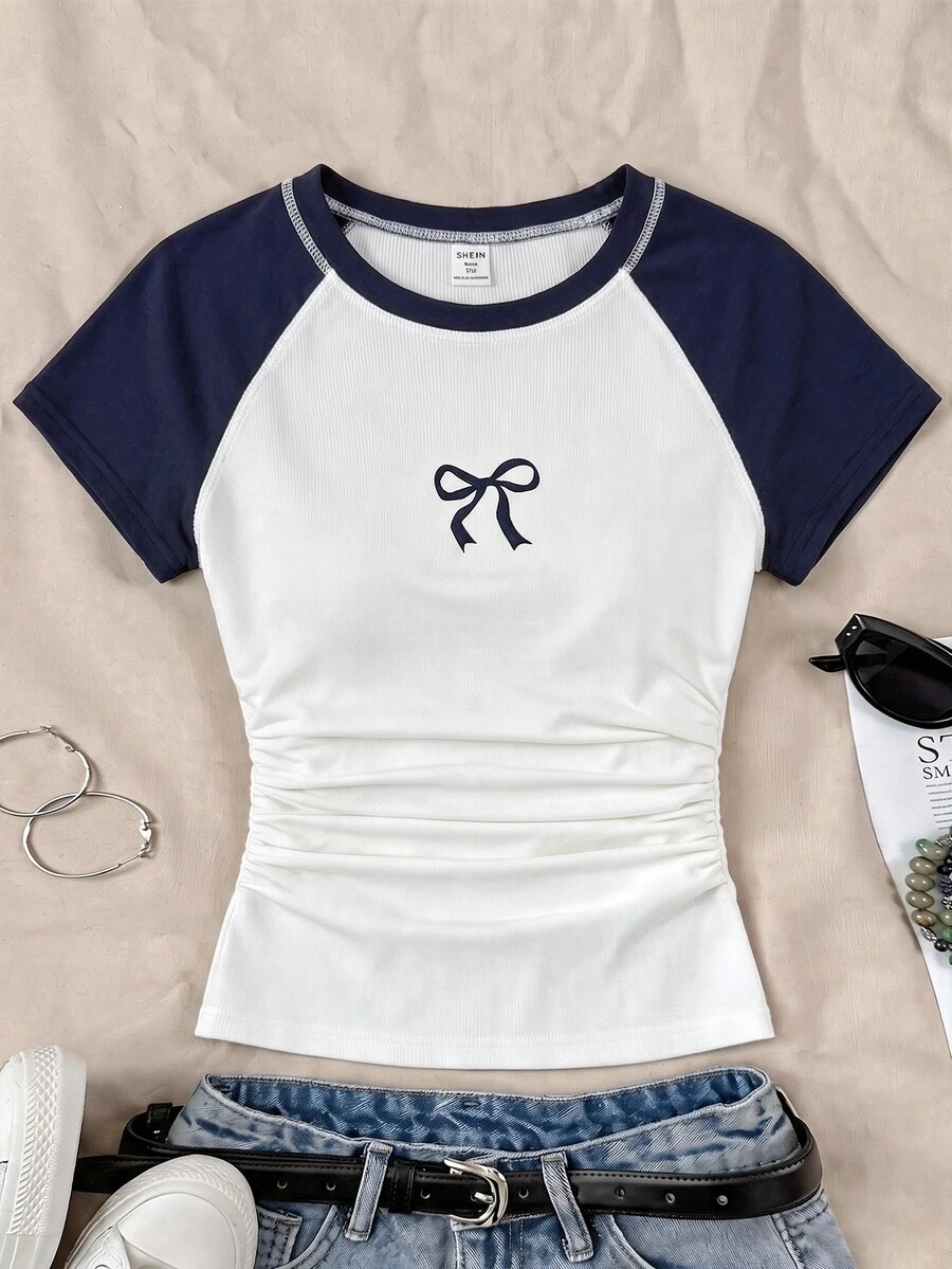 SHEIN Teen Girls' Casual Contrast Color Block Bow Print Knitwear Crew Neck Top With Gathered Waist, Spring/Summer - Blue and White - View 1