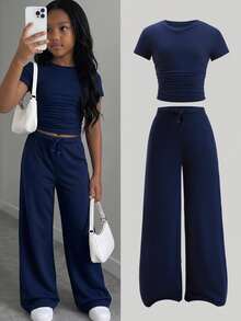 SHEIN 青少年女孩海軍藍純色針織短袖T恤與抽繩長褲套裝 - 寶藍色 - 查看 3