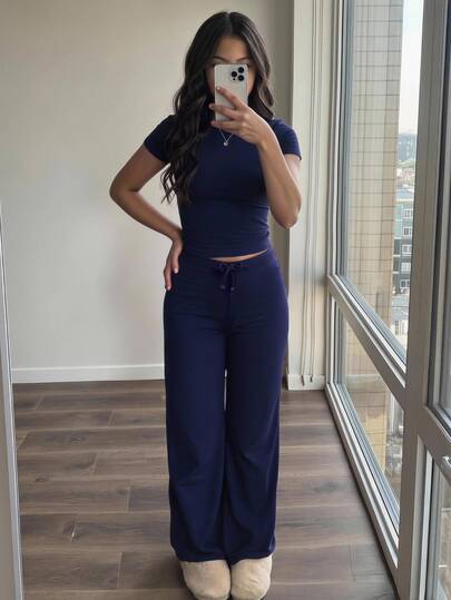 SHEIN Tween-Mädchen Set aus marineblauem Kurzarm Strick T-Shirt und Jogginghose mit Kordelzug