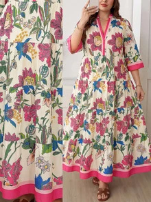 Comfylo Plus Size Women's Floral Print Cutout V-Neck 3/4 Sleeve Vacation Dress Fall - Multicolor - View 9